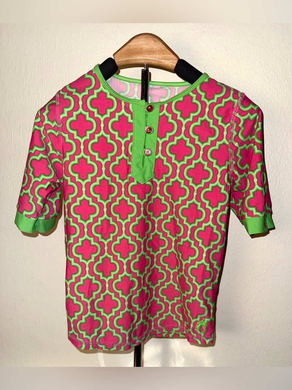 Cabana Life girls pink and green lattice pattern swim shirt, size 6X